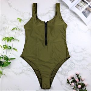 Army green one piece bathing suit.
